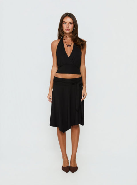 back view of model wearing Princess Polly Soft Focus Tie Waist Midi Skirt Black Midi Skirts 