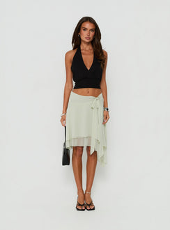 Showcasing the Ophella Tie Waist Chiffon Midi Skirt Sage in womens-skirts front view of model wearing Princess Polly