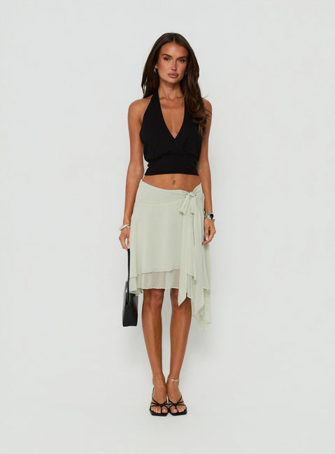 Showcasing the Ophella Tie Waist Chiffon Midi Skirt Sage in womens-skirts front view of model wearing Princess Polly