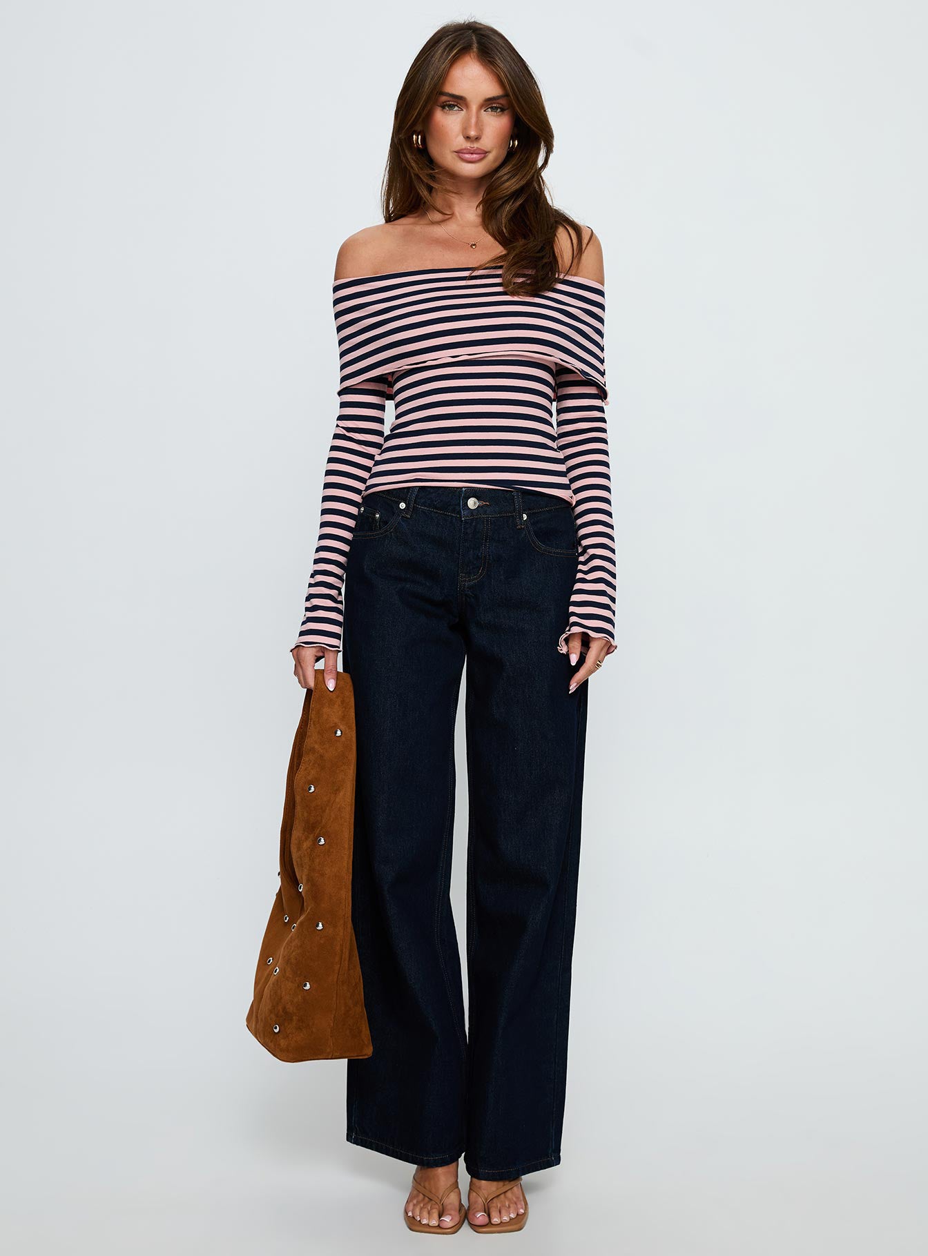front view of model wearing Princess Polly Ellanor Low Rise Straight Leg Jeans Indigo Blue Low Rise Jeans 