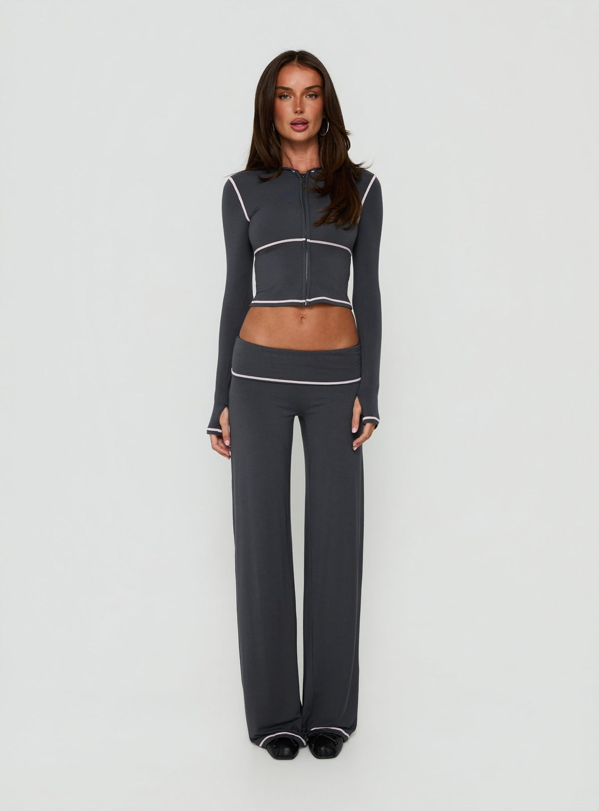 Kimberlyn Long Sleeve Jersey Zip Through Top Grey