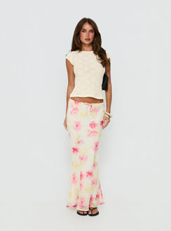   front view of model wearing Princess Polly Mercer Maxi Skirt Yellow Floral Maxi Skirts Skirts 