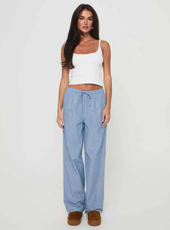 front view of model wearing Princess Polly Veridian Pants Blue Stripe Mid Rise 