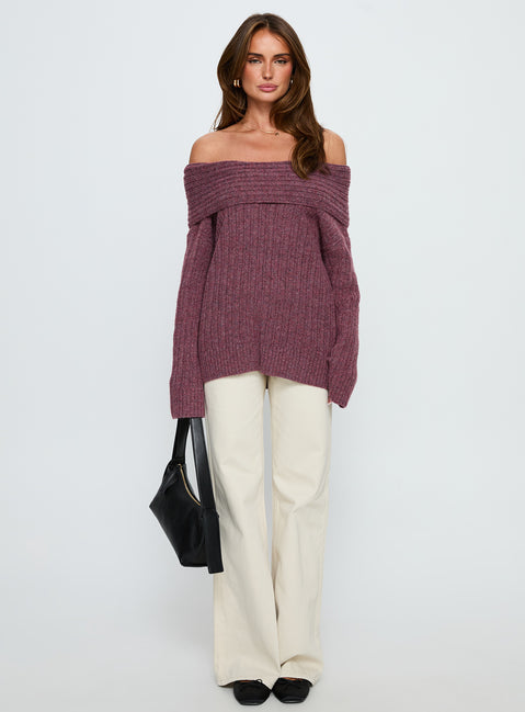 front view of model wearing Princess Polly Snowie Off Shoulder Knit Sweater Burgundy Longline Jumpers Jumpers 