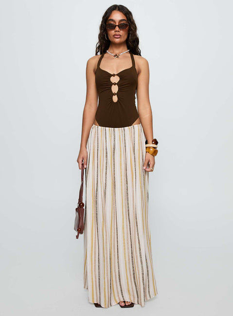 back view of model wearing Princess Polly Silverwing Cut Out Bodysuit Chocolate Sleeveless 