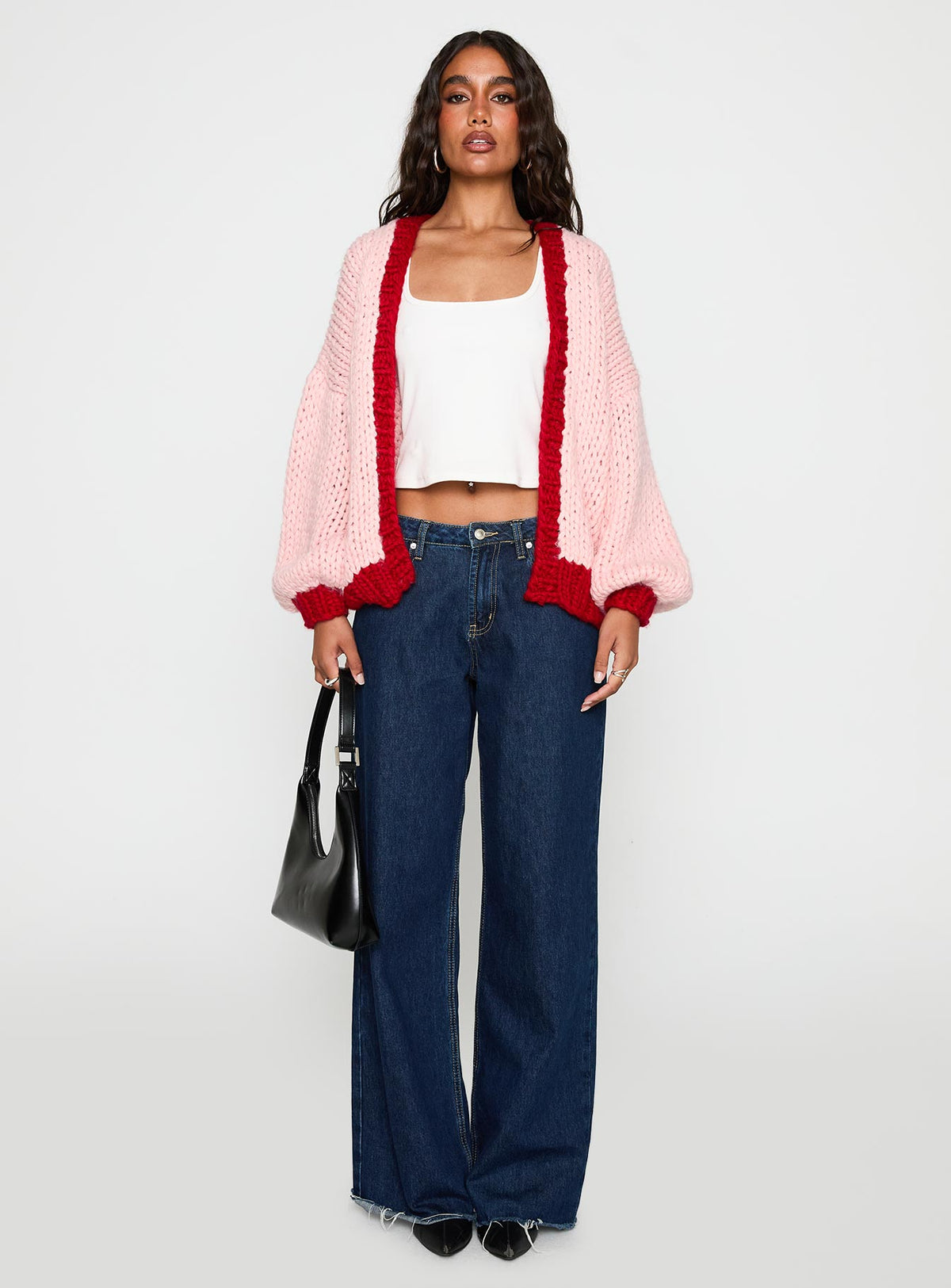 front view of model wearing Princess Polly Lester Knit Cardigan Pink / Red Long 