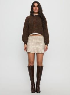   side view of model wearing Princess Polly Celebrations Mini Skirt Beige Check Mini Skirts 