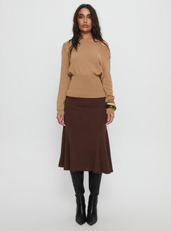   front view of model wearing Princess Polly Lewish Low Rise Midi Skirt Chocolate Midi Skirts 