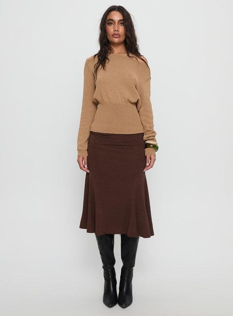   front view of model wearing Princess Polly Lewish Low Rise Midi Skirt Chocolate Midi Skirts 