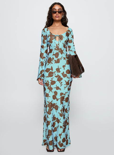 front view of model wearing Princess Polly Elorie Long Sleeve Maxi Dress Blue / Brown Scoop Neck 