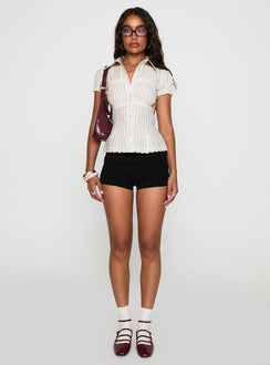 Deserve You Puff Sleeve Button Front Top Cream Stripe Petite