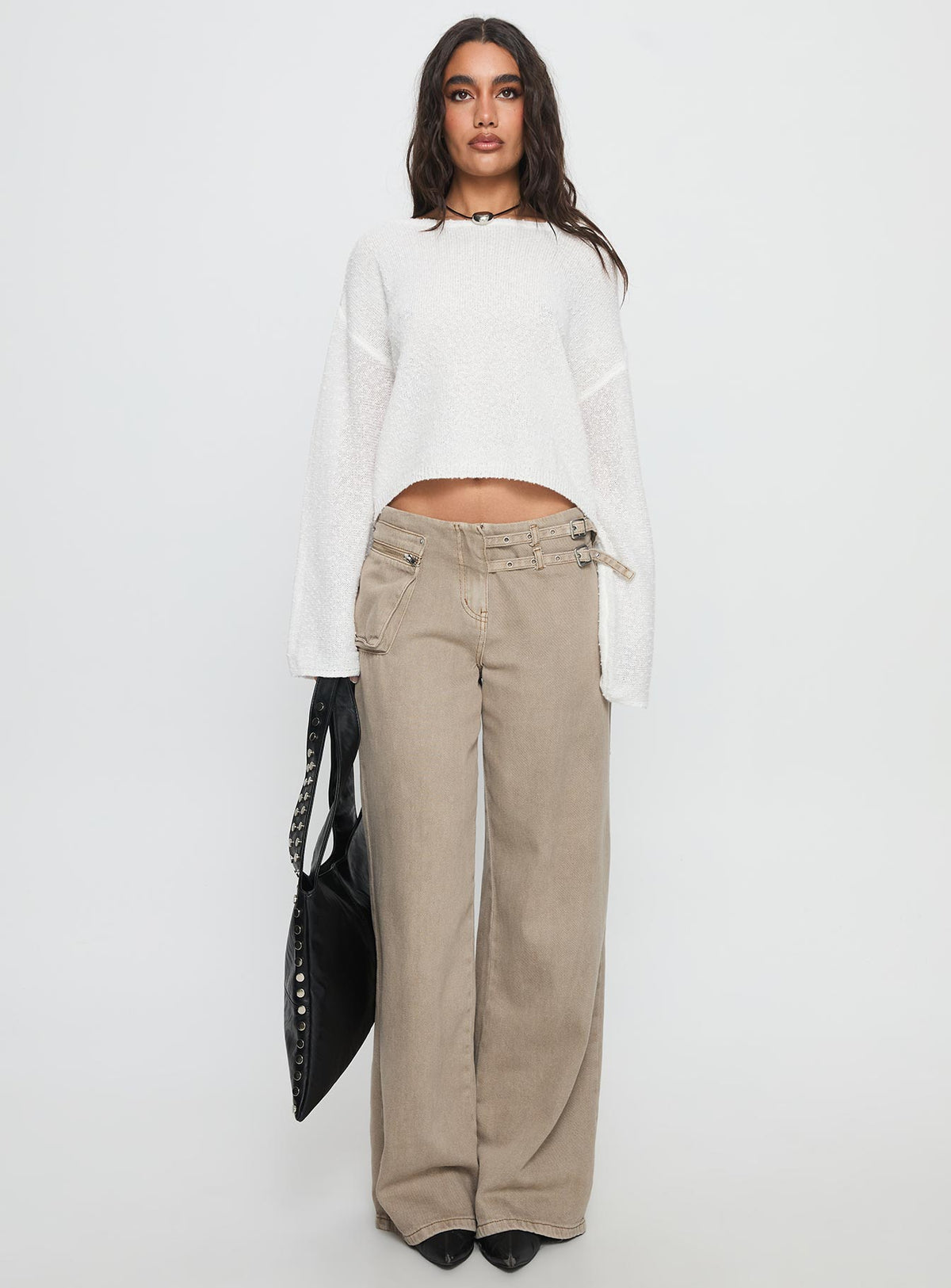 front view of model wearing Princess Polly Riala Off Shoulder Knit Sweater White cropped 