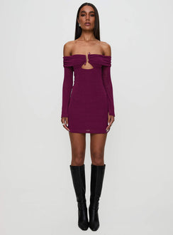 side view of model wearing Princess Polly Firenza Long Sleeve Mini Dress Purple Sweetheart Neckline 