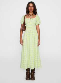 front view of model wearing Princess Polly More Than Butterflies Maxi Dress Green Check Square Neck 