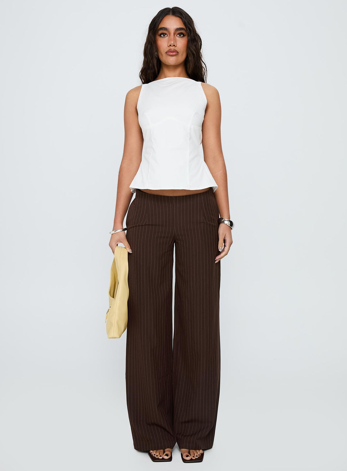 Khane Low Rise Wide Leg Pant Brown Pinstripe Petite