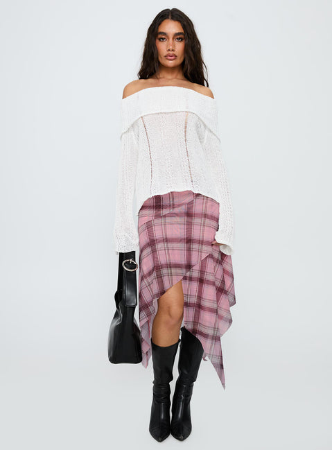   front view of model wearing Princess Polly Anali Asymmetrical Midi Skirt Pink / Multi Check Midi Skirts Skirts 