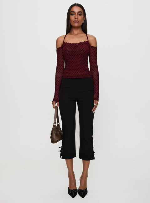 back view of model wearing Princess Polly On My Side Off Shoulder Tie Neck Top Burgundy Full Sleeves straight 