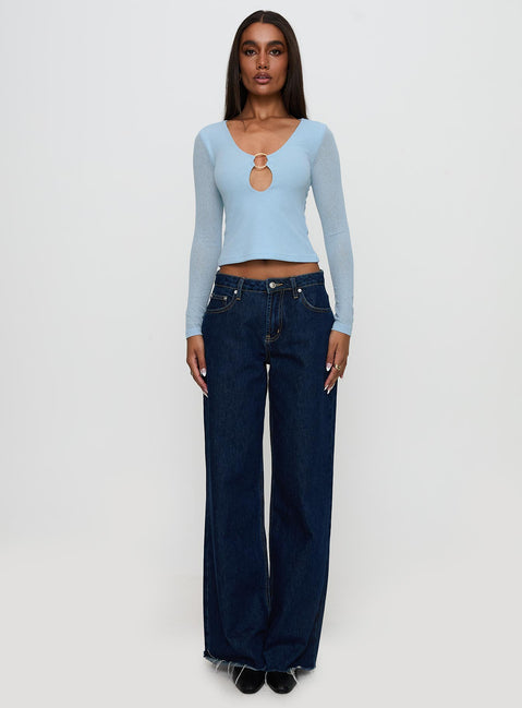 front view of model wearing Princess Polly This Fate Long Sleeve Ring Detail Top Blue Full Sleeves Scoop Neck 