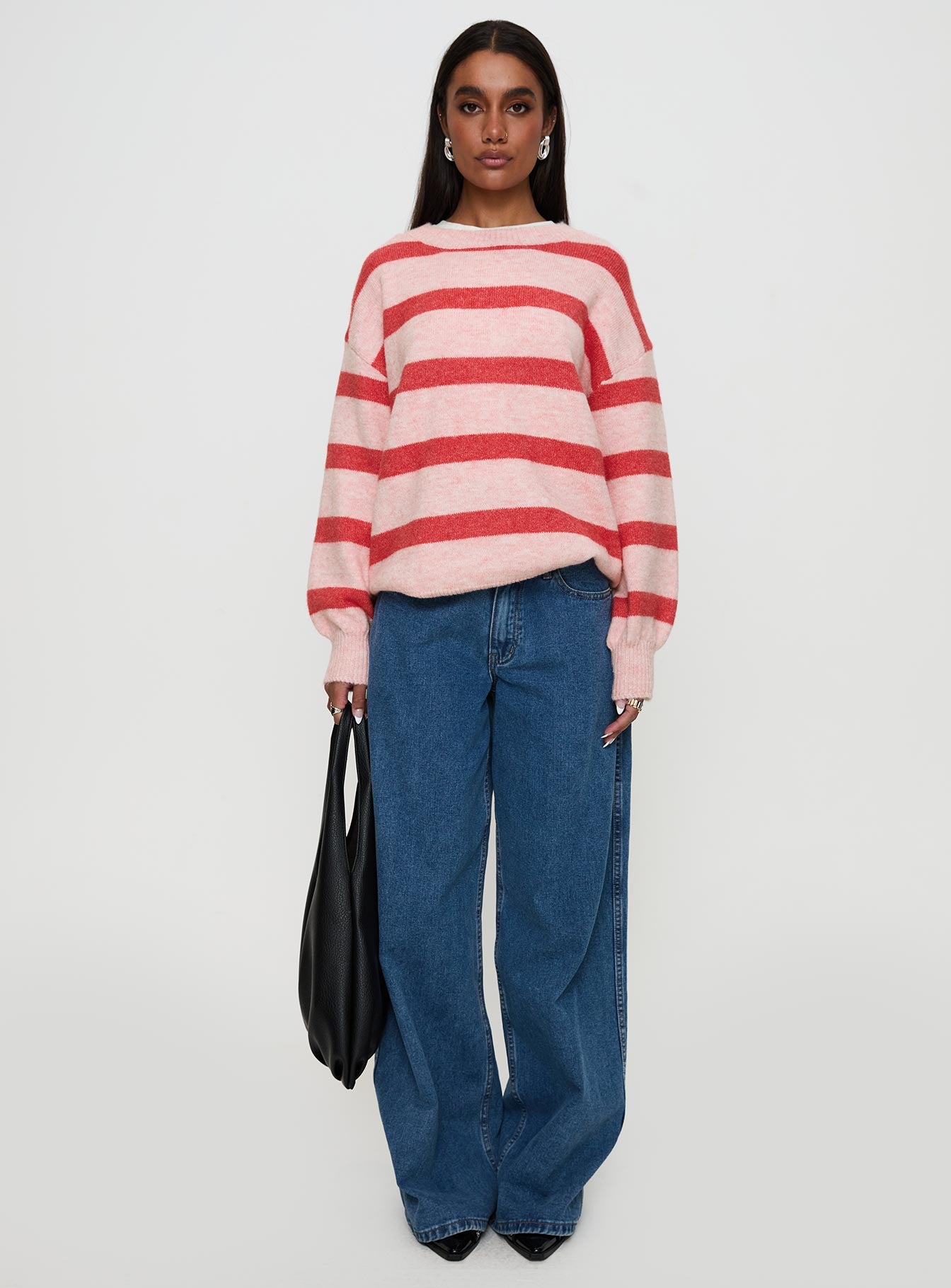 front view of model wearing Princess Polly Ryanna Sweater Pink / Red Stripe 