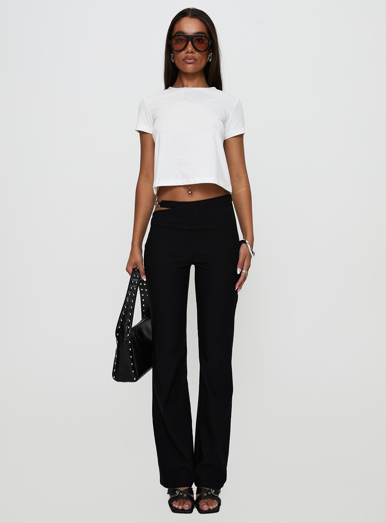 front view of model wearing Princess Polly Eyes On You Flare Pants Black High Waisted Pants 