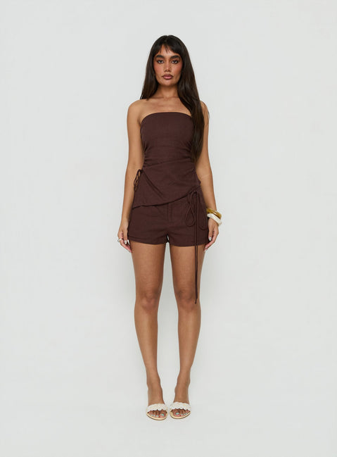 Defined Strapless Gathered Linen Blend Top Brown