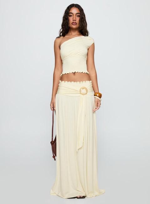   front view of model wearing Princess Polly Full Orbit Shirred Maxi Skirt Cream Maxi 