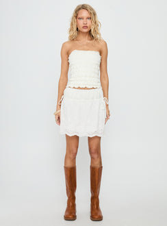   front view of model wearing Princess Polly Rosamaria Broderie Tiered Mini Skirt White Mini Skirts 