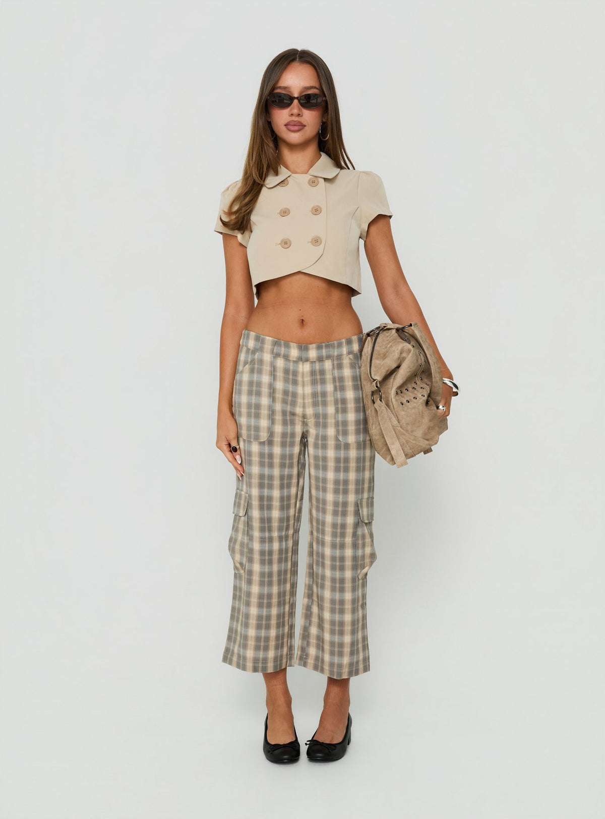 Kaidenn Double Breasted Micro Crop Top Taupe