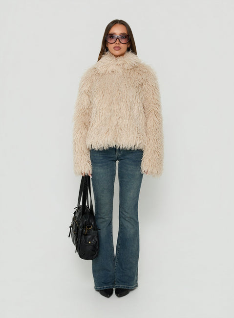 Kaiero Oversized Faux Fur Shag Jacket Cream
