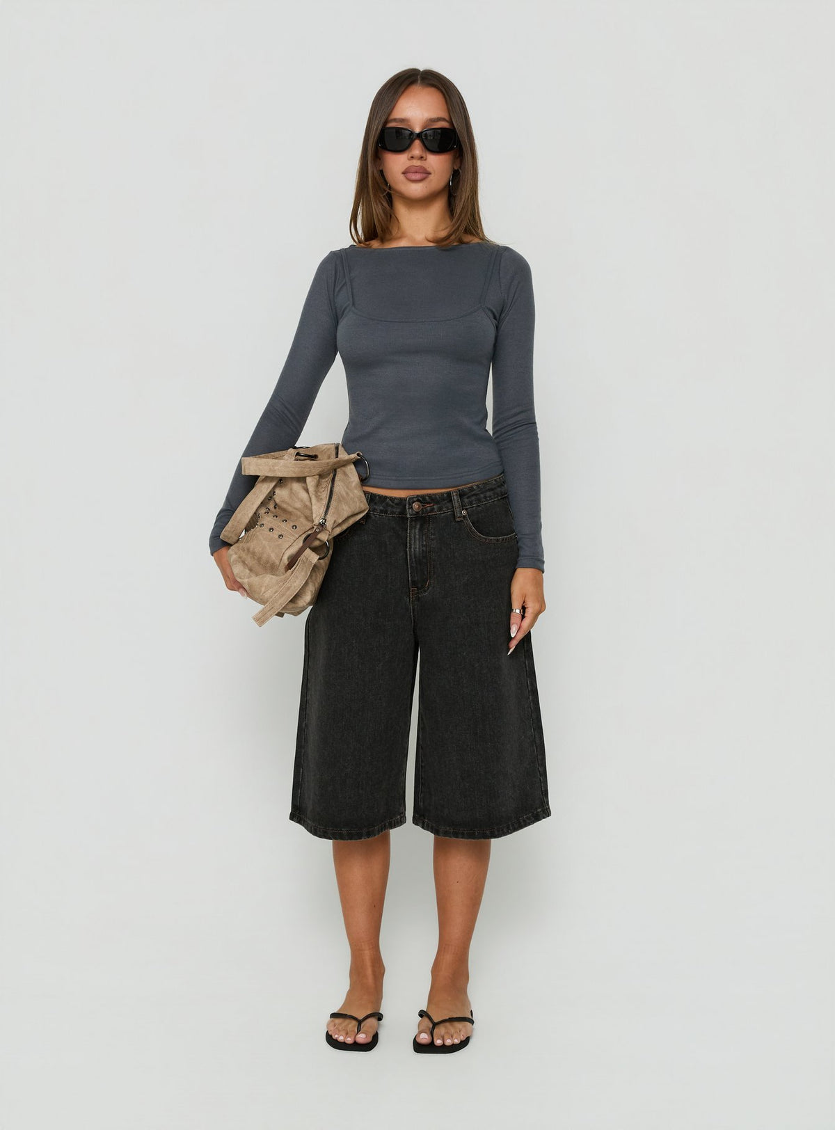 Isibella Layered Long Sleeve Top Charcoal