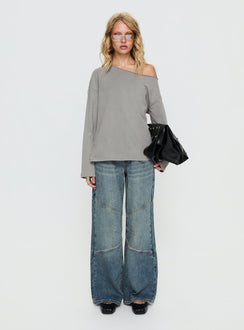 front view of model wearing Princess Polly Atmosphere Mid Rise Straight Leg Jeans Antique Wash Low Rise Jeans 
