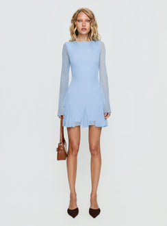 Evita Long Sleeve Pleat Mini Dress Sky Blue