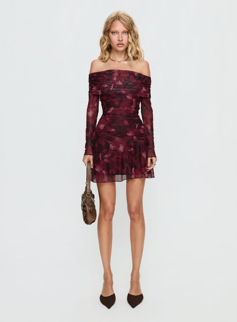 Marrissa Off Shoulder Long Sleeve Mini Dress Burgundy Floral