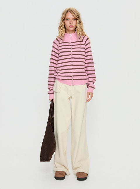 side view of model wearing Princess Polly Kaylei Zip Through Cardigan Pink Stripe regular 