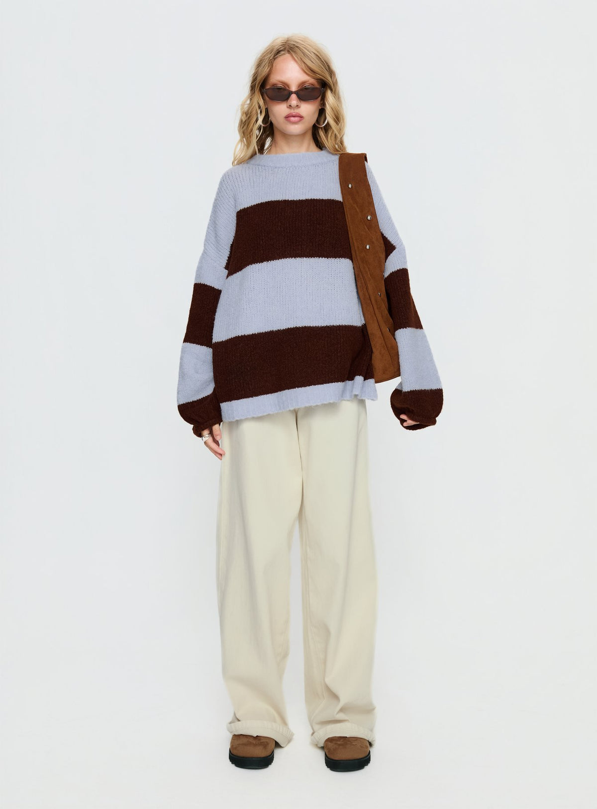 front view of model wearing Princess Polly Bastien Crew Neck Knit Sweater Blue / Chocolate Stripe Longline Jumpers 