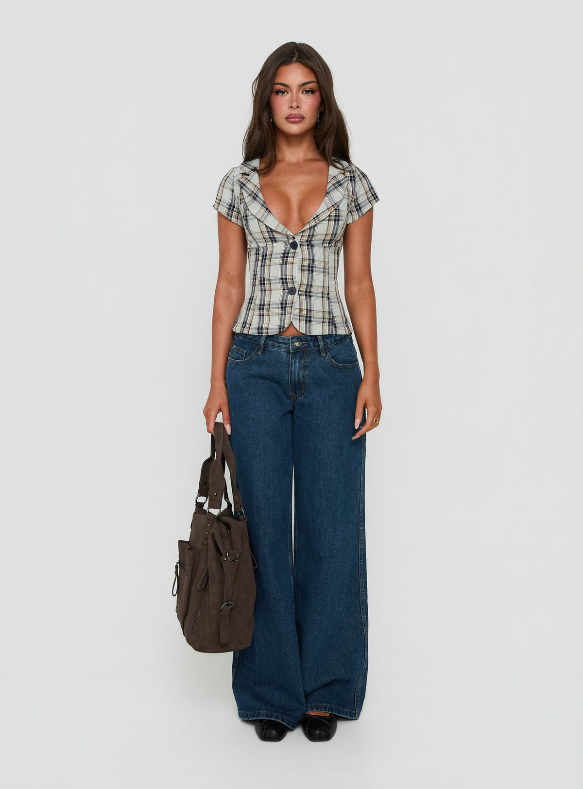 Alexandrea Plunge Button Up Top Check