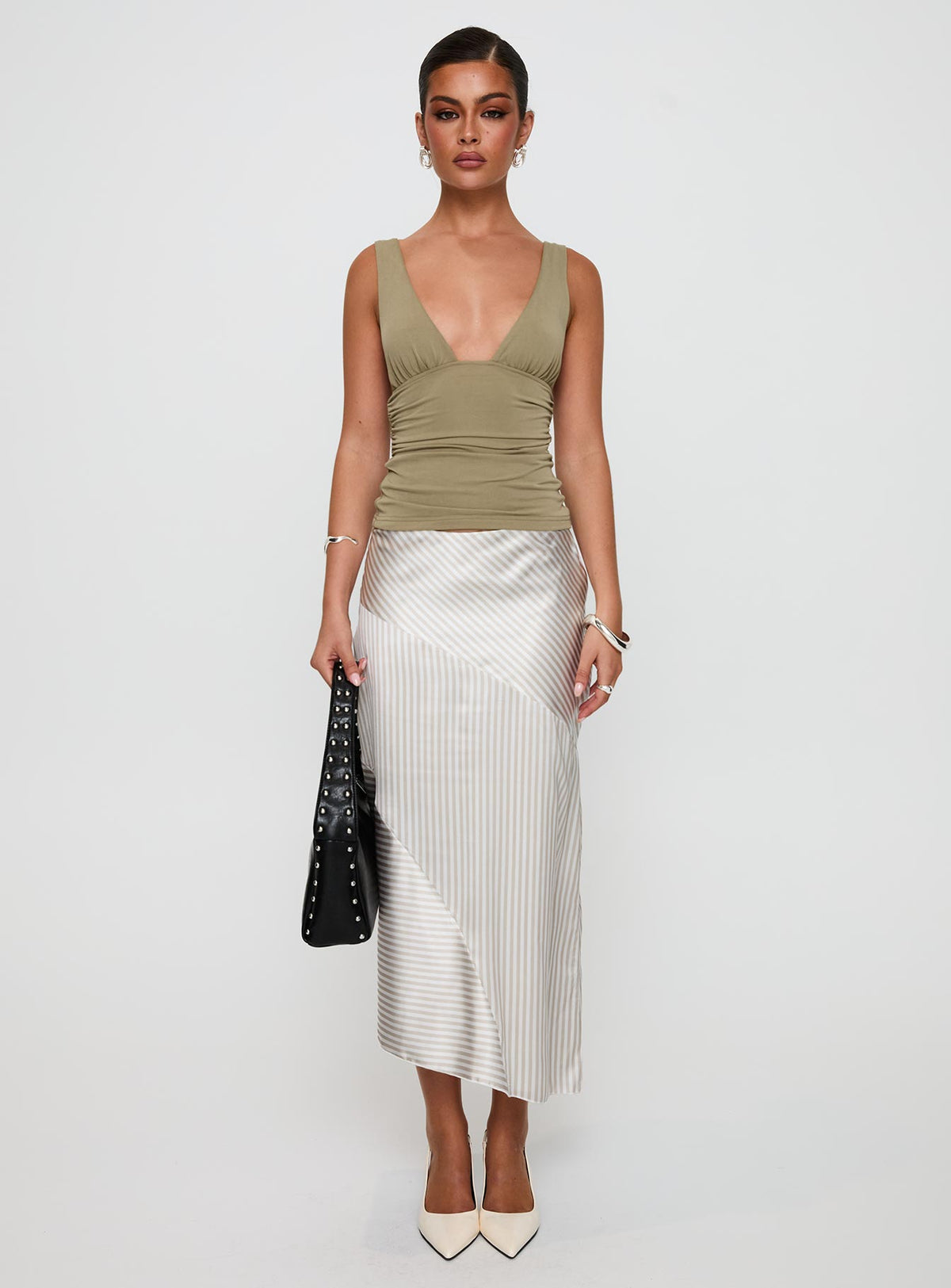   front view of model wearing Princess Polly Priscella Asymmetrical Midi Skirt Multi Midi Skirts 