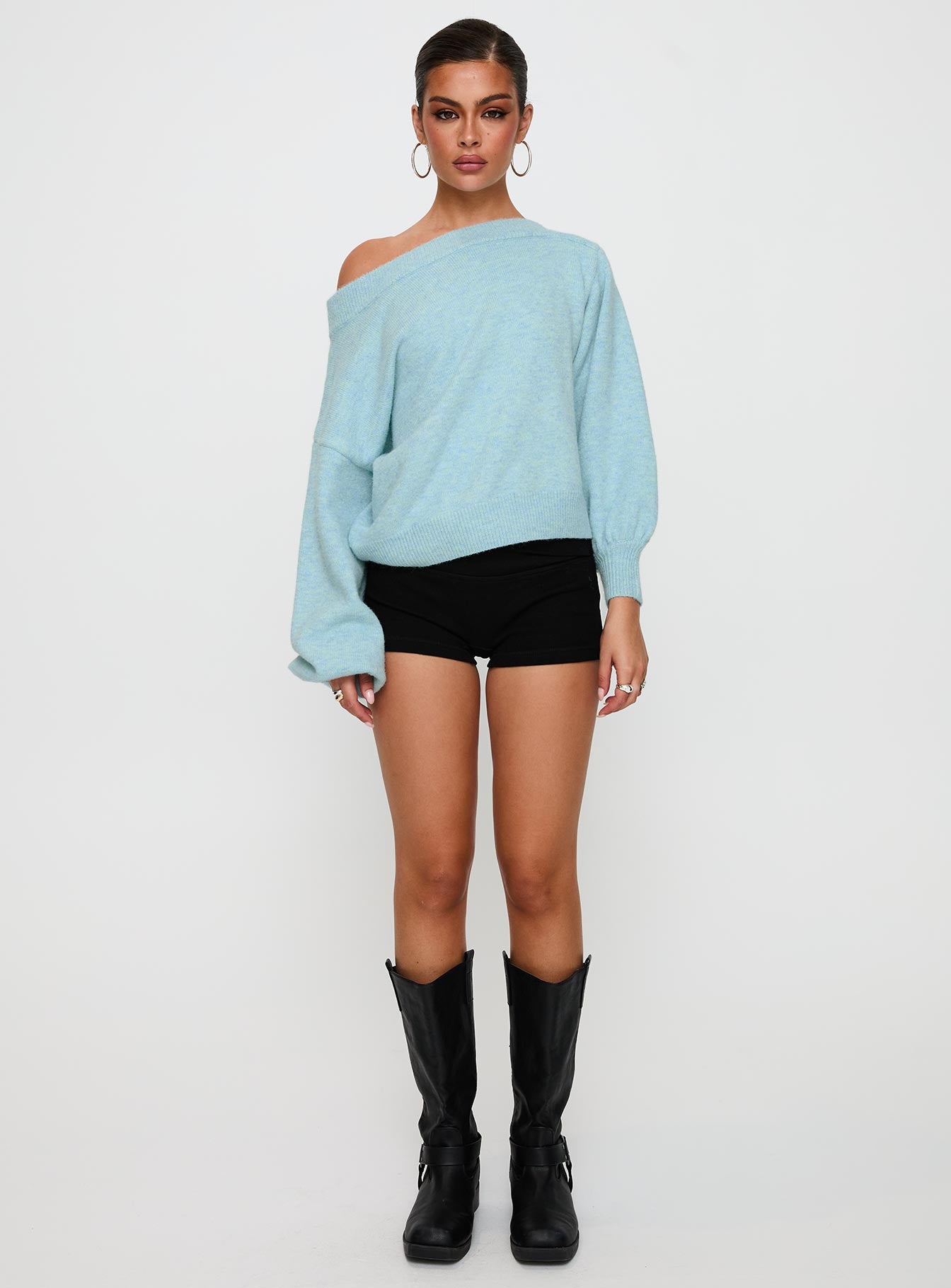Showcasing the Noble Off The Shoulder Jumper Blue womens-jumpers in short length front view of model wearing Princess Polly