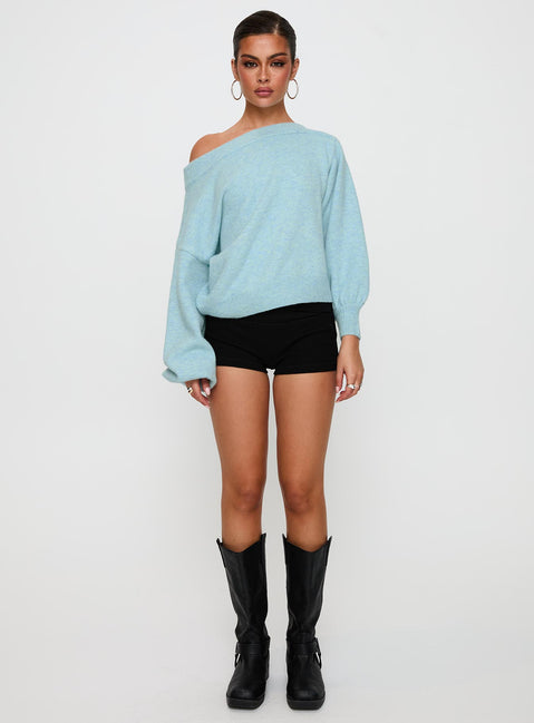 Showcasing the Noble Off The Shoulder Jumper Blue womens-jumpers in short length front view of model wearing Princess Polly