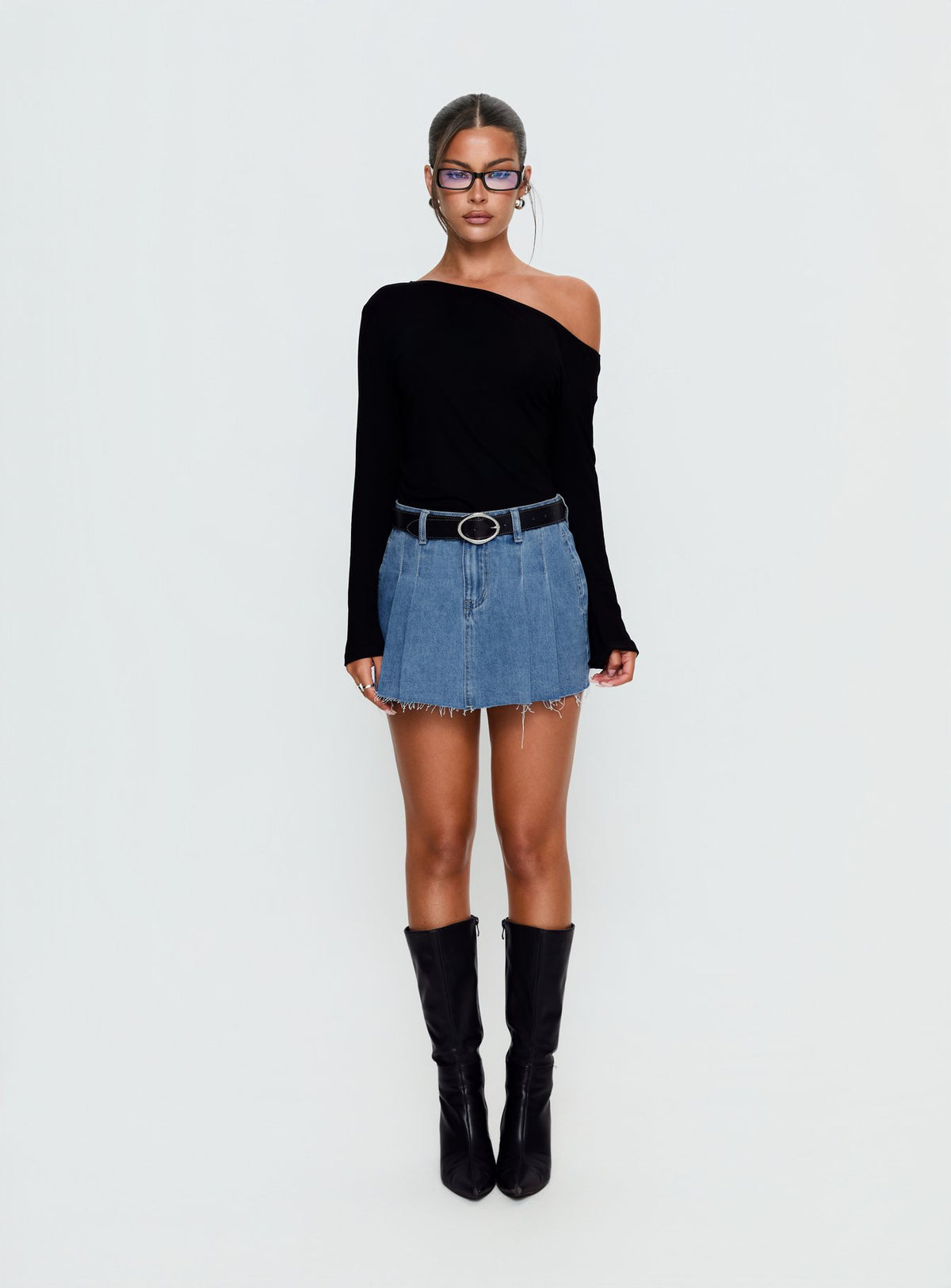   front view of model wearing Princess Polly Debera Pleated Mini Skirt Mid Blue Wash 