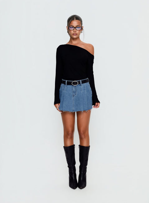   front view of model wearing Princess Polly Debera Pleated Mini Skirt Mid Blue Wash 