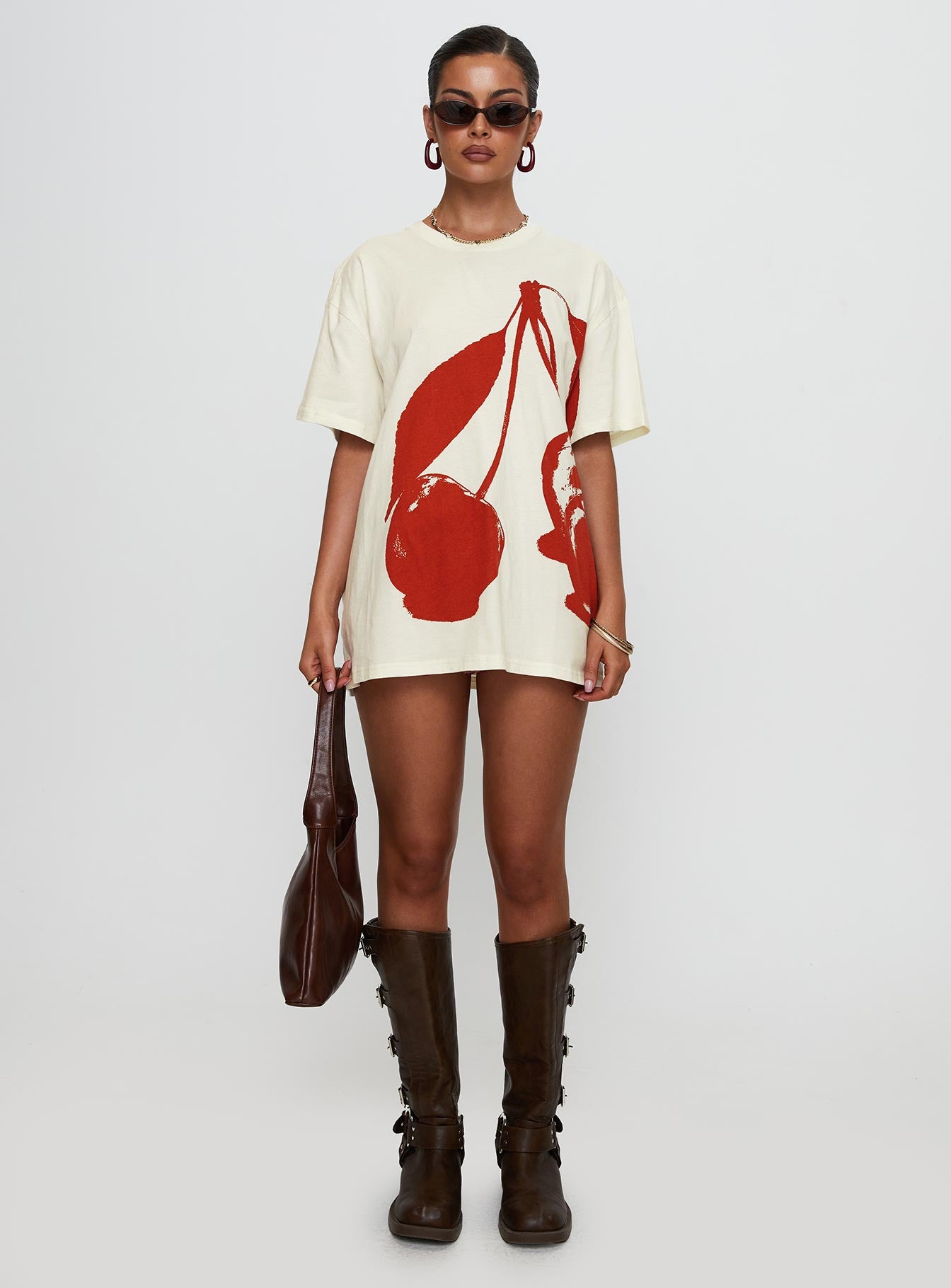 front view of model wearing Princess Polly Cherrie Amore Oversized Tee White Half Sleeves Crew Neck 