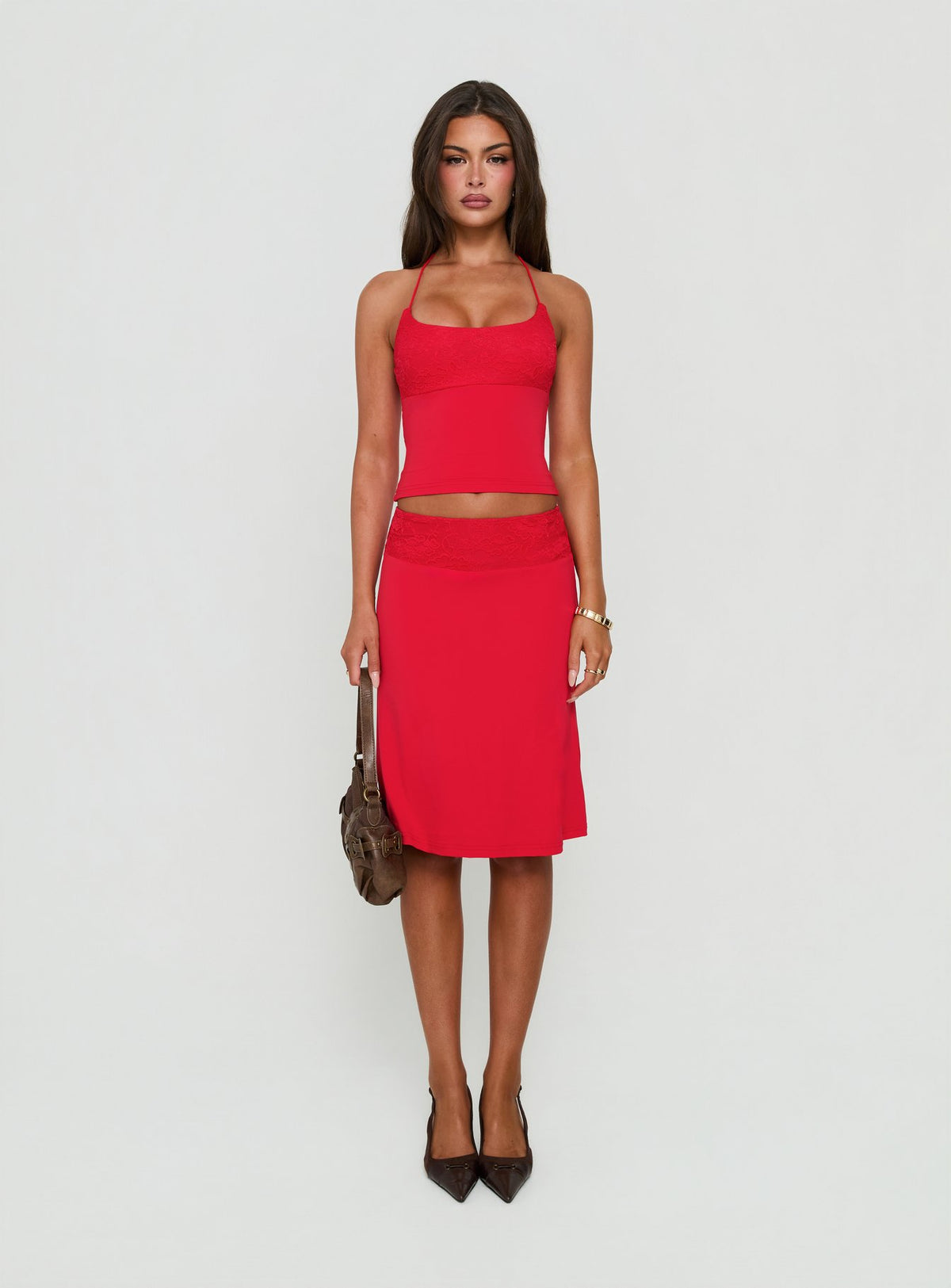 Zenaide Lace Detail Halter Tank Top Red