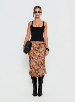   front view of model wearing Princess Polly Sydni Midi Bias Cut Skirt Leopard Midi Skirts Skirts 