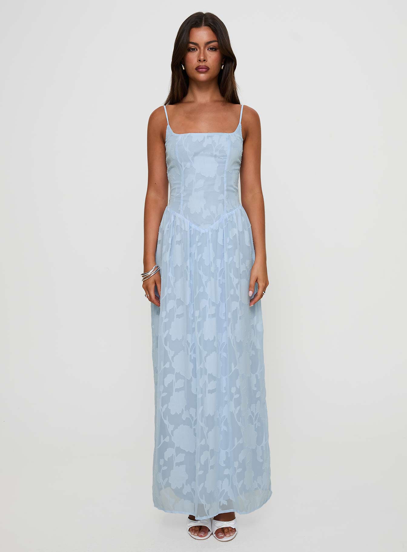 front view of model wearing Princess Polly Angeleina Maxi Dress Blue Floral Square Neck 