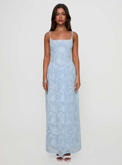 front view of model wearing Princess Polly Angeleina Maxi Dress Blue Floral Square Neck 