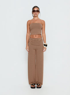front view of model wearing Princess Polly Timora Pants Brown Stripe Mid Rise Pants 