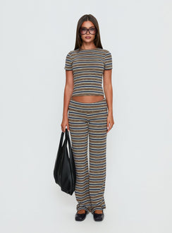 front view of model wearing Princess Polly Manolo Foldover Pants Brown / Grey Stripe Mid Rise Pants 