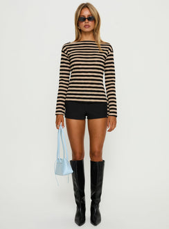 So Composed Boat Neck Long Sleeve Top Latte Stripe