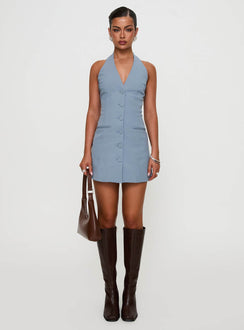 side view of model wearing Princess Polly Vyxen Halter Mini Dress Blue V-Neck 